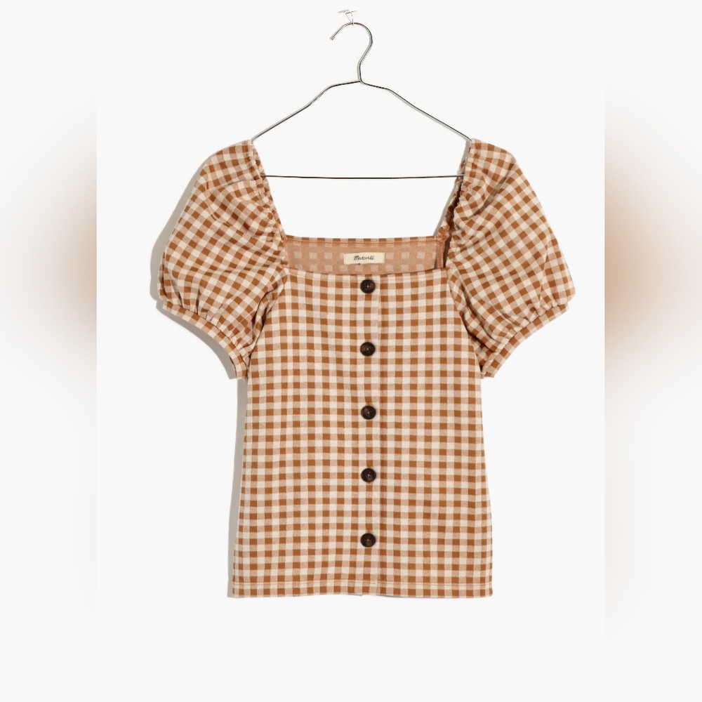 Madewell Gingham Square Neck Puff Sleeve Top - Brown And Cream - Size Small